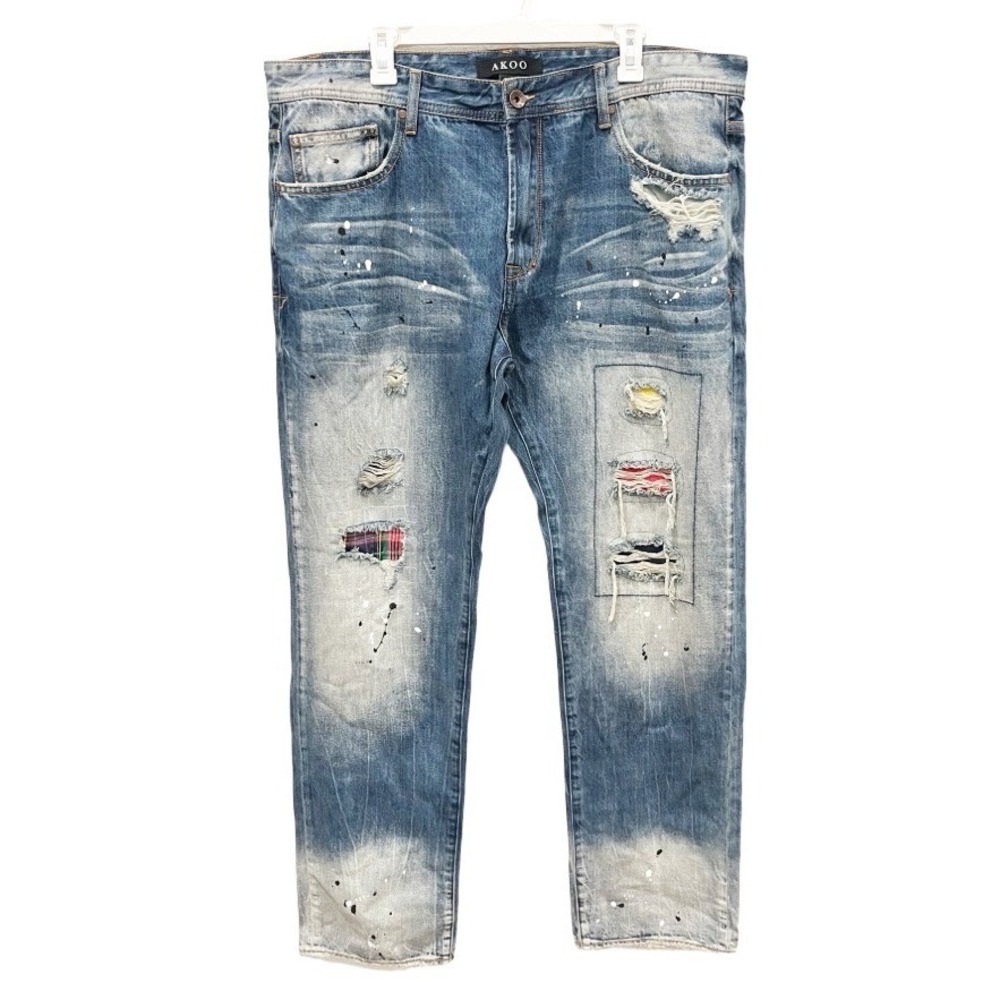 AKOO Light Wash Paint Splatter Rip & Repair Patch Distressed Jeans Size 40